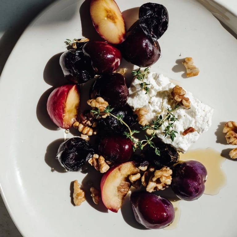 Elegant Midnight Orchard fruit and cheese board features purple grapes, creamy goat cheese, perfect for a dinner party.