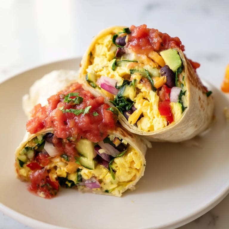 Warm tortilla holding a freshly made Veggie-Loaded Breakfast Burrito, ready to be enjoyed with flavorful salsa.