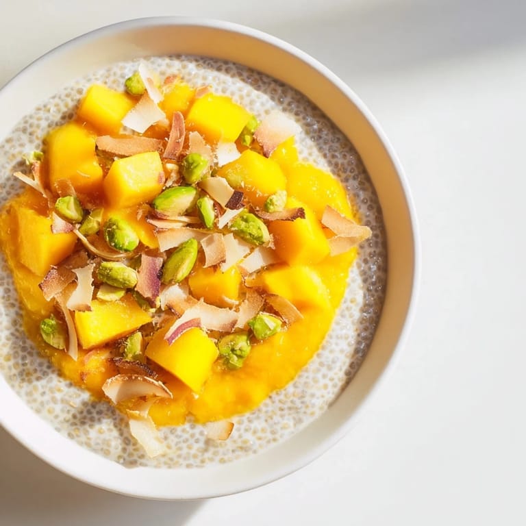 A layered glass of vibrant Mango Coconut Chia Pudding, perfect for a refreshing vegan dessert.