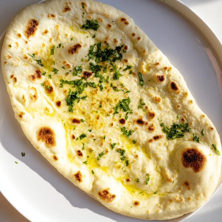 Freshly cooked garlic naan, lightly charred with bubbly spots, ready to be served hot.