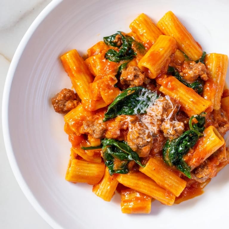 A close-up of One-Pot Italian Sausage Tomato Pasta, glistening with sauce and sausage pieces.
