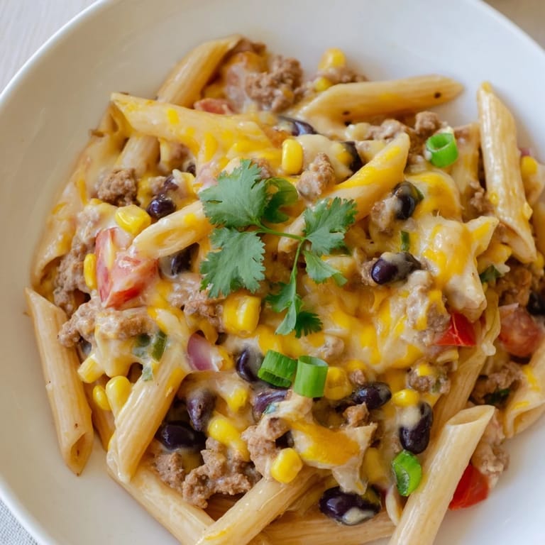 Savory Cheesy Taco Pasta, a one-pot meal with visible chunks of tomatoes and black beans.