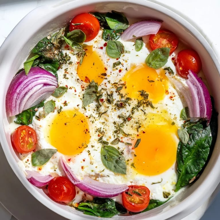 A close-up of a delightful baked feta eggs breakfast, ready to scoop with crusty bread.