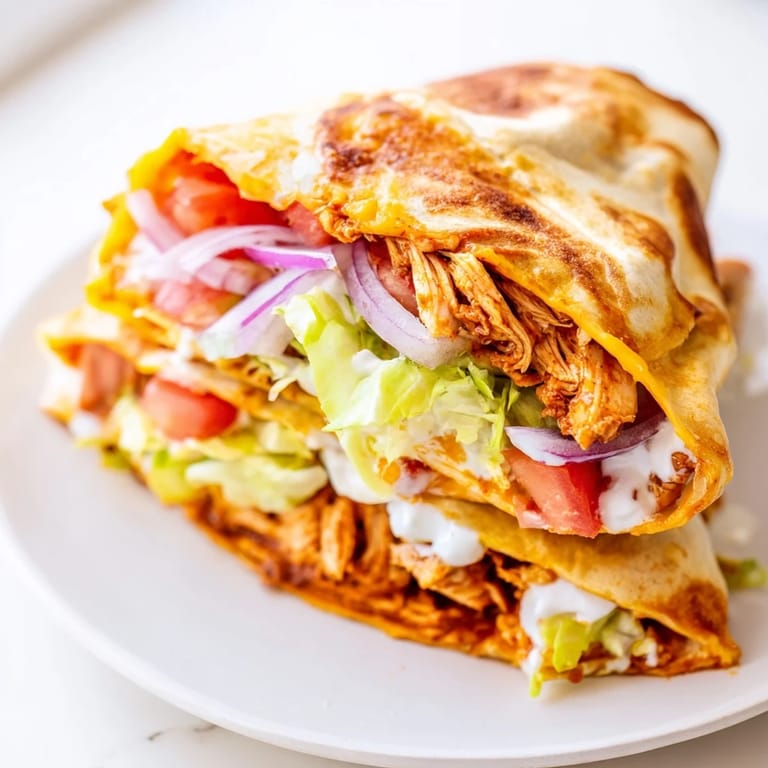 Spicy, shredded chicken inside a warm, crisp Buffalo Chicken Wrap, perfect for a quick and easy dinner idea.