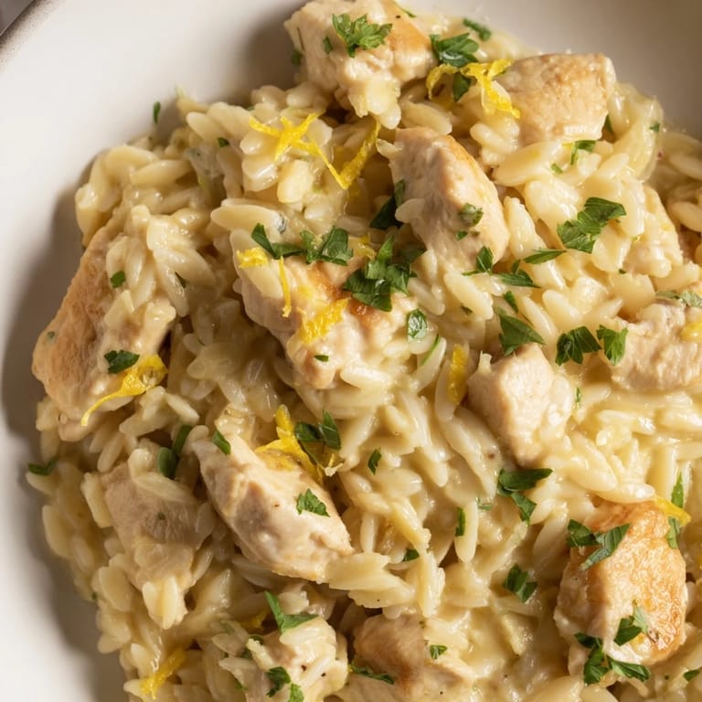 Close-up of a creamy sauce-covered Creamy Lemon Chicken Orzo dish, garnished with fresh parsley and lemon.