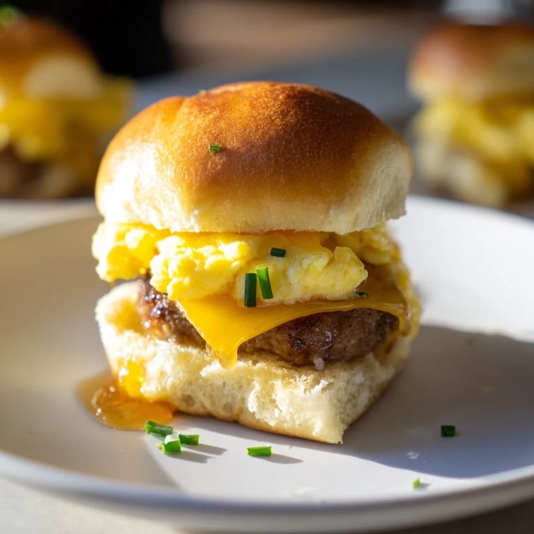 Fluffy scrambled eggs and savory sausage fill these delightful Mini Breakfast Sliders, ready to serve.