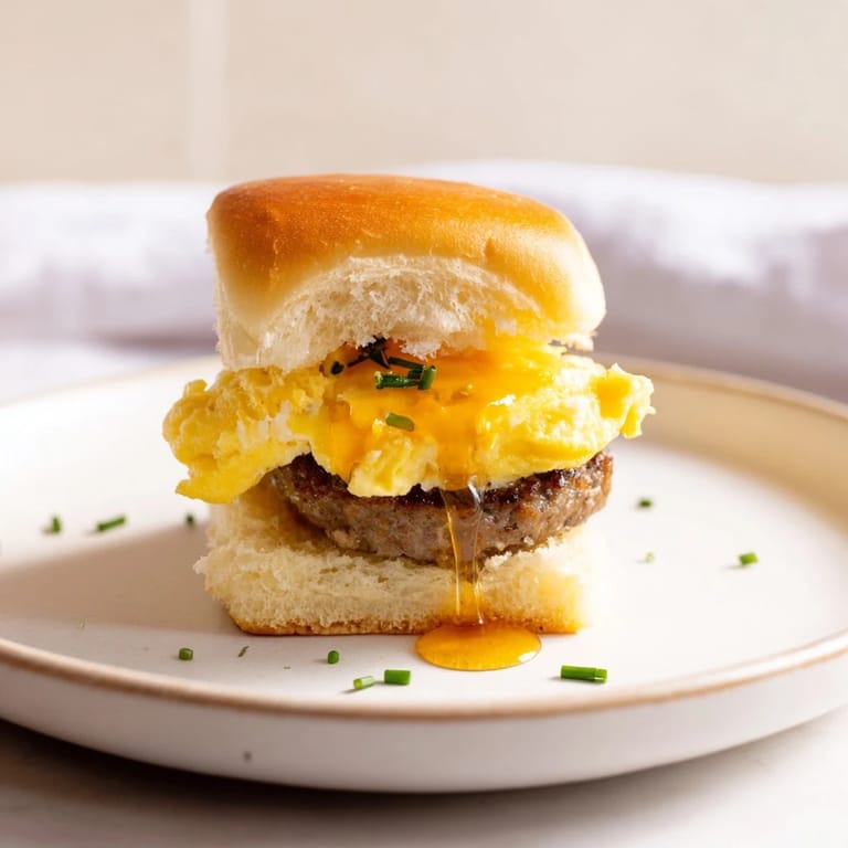 A close-up of a Mini Breakfast Slider shows a tasty combination of textures with a sweet-savory drizzle.