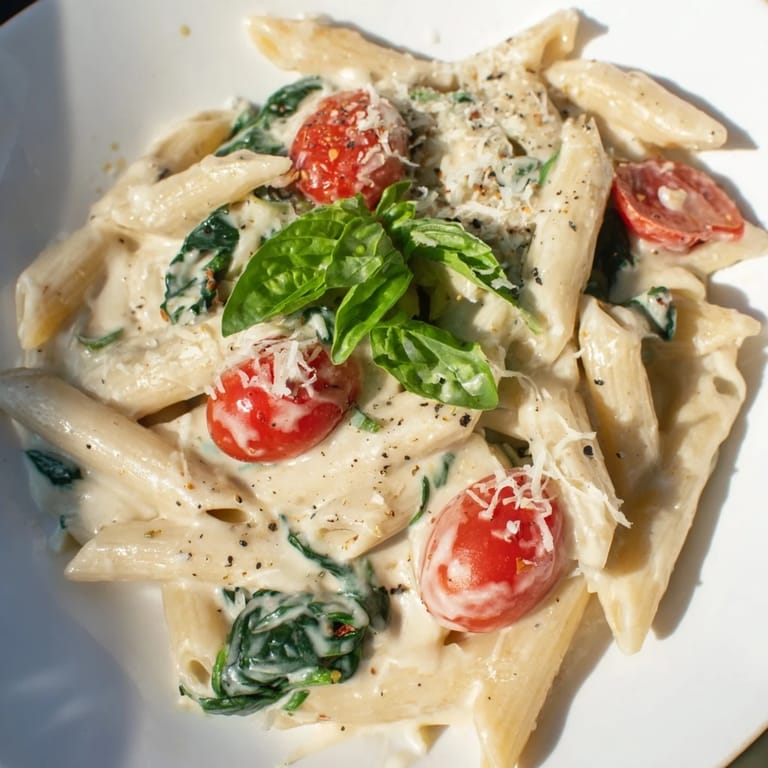 A vibrant bowl of Cottage Cheese High-Protein Creamy Pasta, ready to serve with fresh basil and Parmesan.