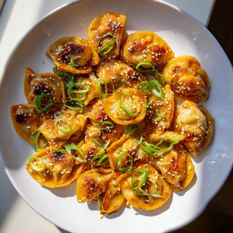 Close-up of golden-brown air fryer frozen dumplings, showcasing the tasty sesame oil glaze for an easy snack.