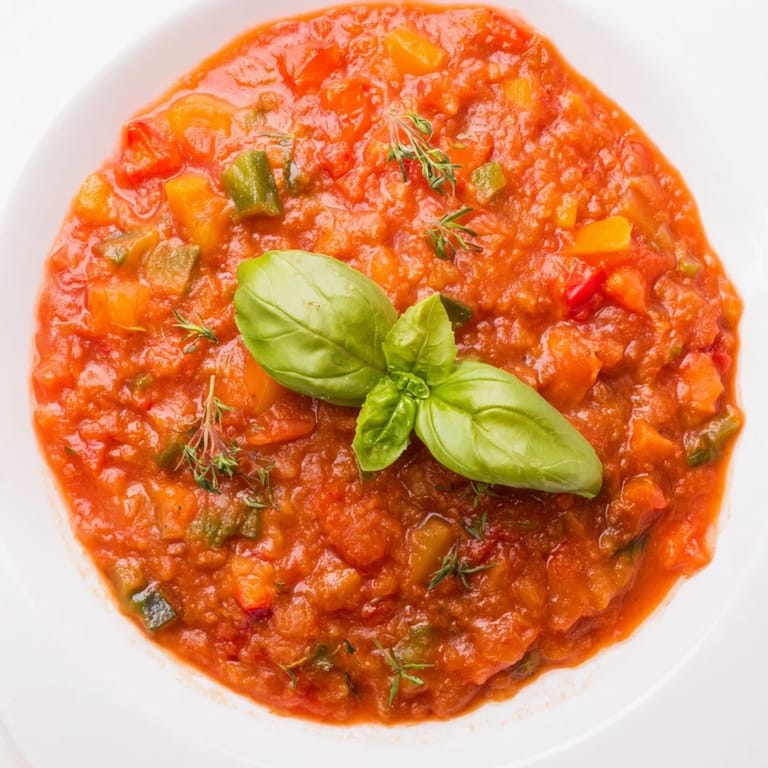 A steaming bowl of veggie-loaded tomato pasta sauce, seasoned and ready for a delicious dinner.