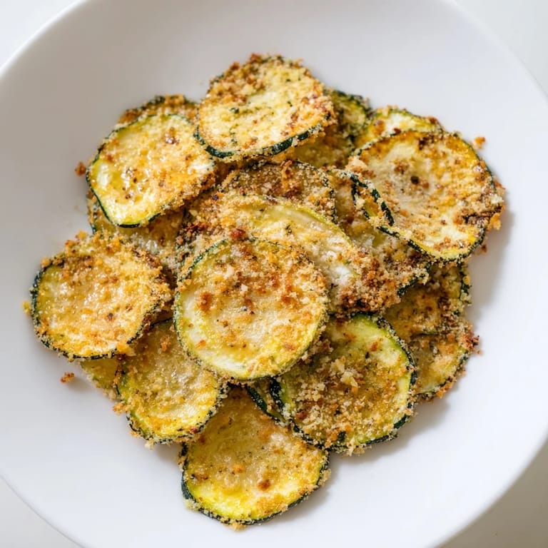 A close-up of delicious zucchini chips, showing off the perfectly air-fried, breaded texture.