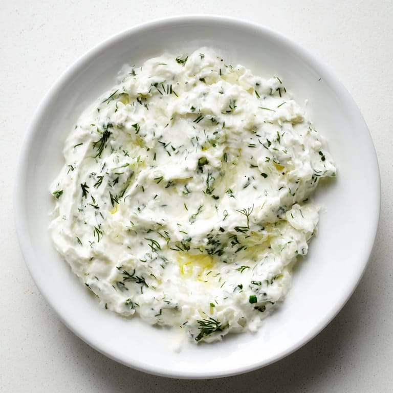 Close-up shot shows light, airy Greek Yogurt Herb Dip, ideal for appetizers and parties.