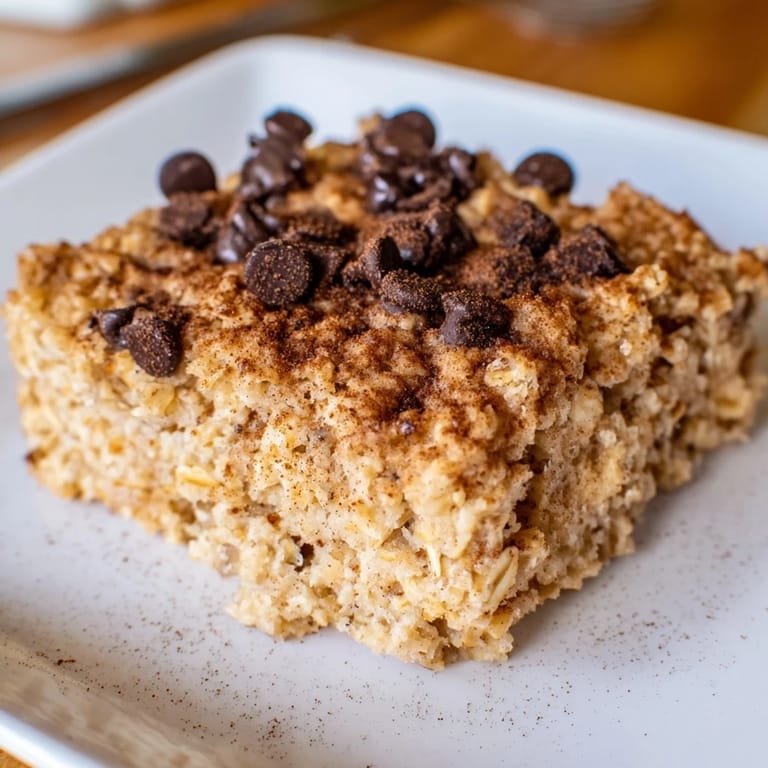 A close-up of warm, moist Baked Oats That Taste Like Cake, perfectly baked with added chocolate chips.