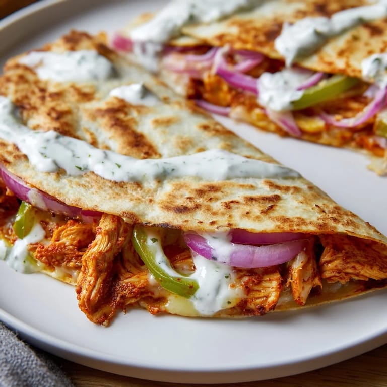 A close-up shot of a deliciously cheesy Tandoori Chicken Quesadilla, perfectly cooked and flavorful.