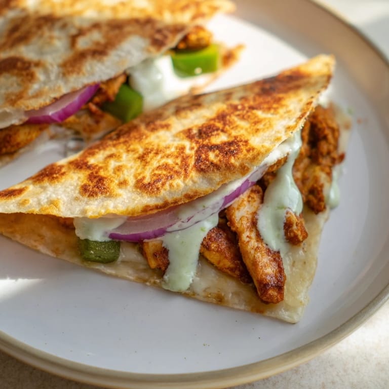 Crispy tortilla holding a hearty filling of flavorful Tandoori Chicken Quesadilla served with yogurt sauce.