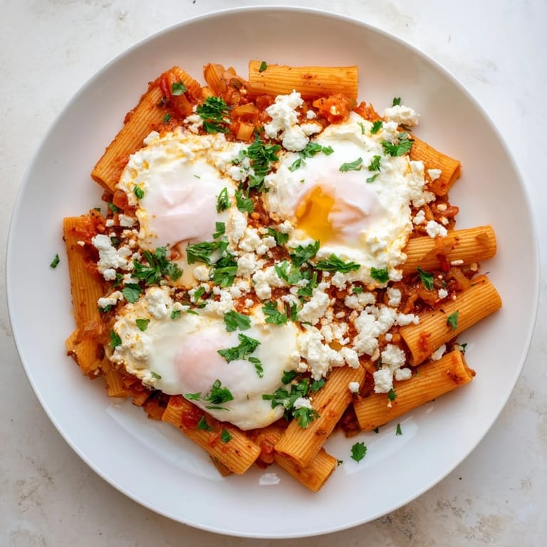 Golden-topped Shakshuka Baked Pasta—imagine the runny yolks and perfectly cooked pasta beneath.