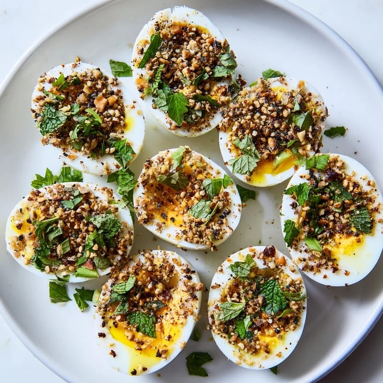Plated Dukkah-Spiced Eggs: a savory breakfast dish with flavorful dukkah and fresh herbs.