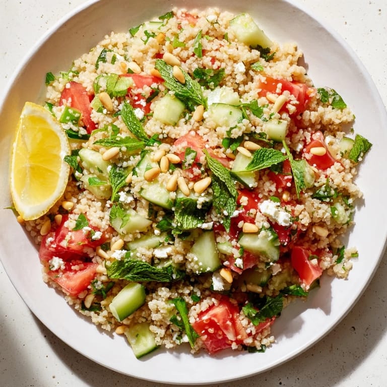 Bright tabbouleh grain bowl, showing the bulgur, tomatoes, and herbs, a healthy Middle Eastern dish.