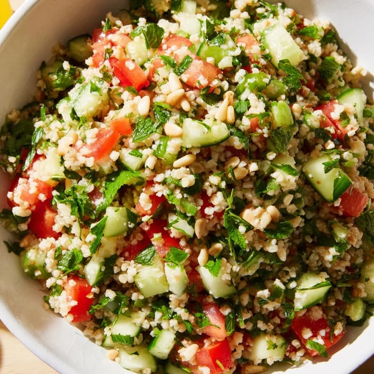 Close-up of a refreshing tabbouleh grain bowl, perfect for a light lunch with a zesty lemon dressing.