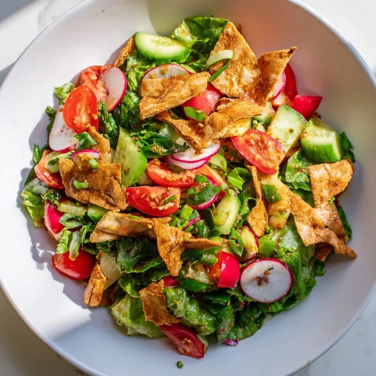 Crispy pita tops the fresh Fattoush Crunch Salad, a delightful Middle Eastern dish bursting with textures and flavors.