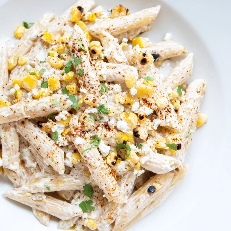 Vibrant Mexican Street Corn Pasta tossed with lime zest, cilantro, and spicy toppings.  
