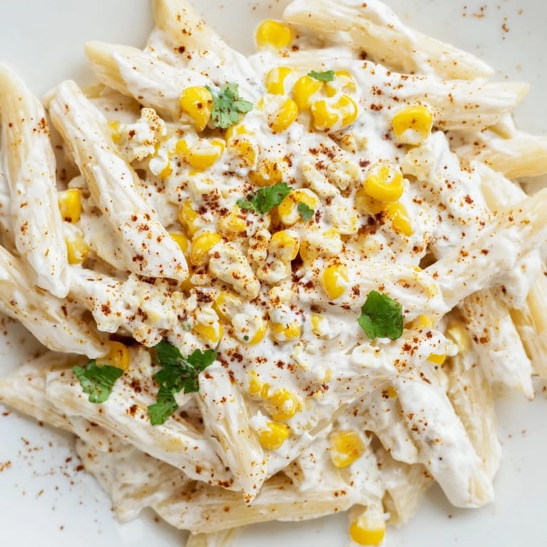 Hearty Mexican Street Corn Pasta in a skillet, garnished with chili powder and lime wedges.