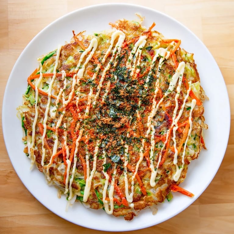A close-up of a fluffy Japanese Okonomiyaki Pancake garnished with tangy sauce, pickled ginger, and vibrant green aonori seaweed flakes.  
