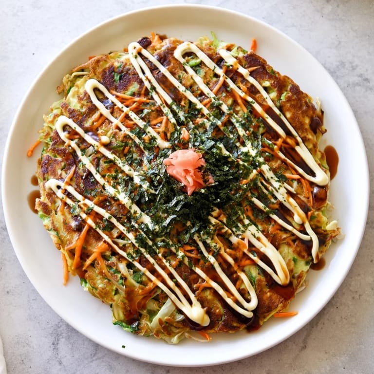 Sliced Japanese Okonomiyaki Pancakes served on a plate, revealing layers of shredded cabbage, carrots, and savory bacon inside.