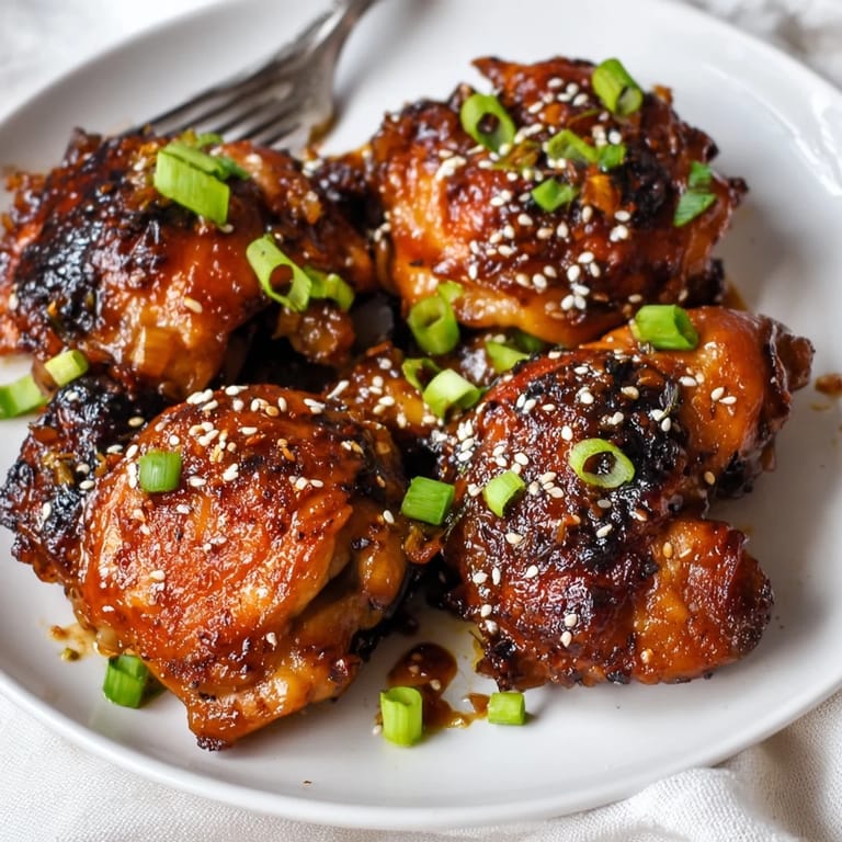 Tender Honey Garlic Glazed Chicken thighs resting on a plate, garnished with fresh green onions and sesame seeds, ready to be served with steamed rice.