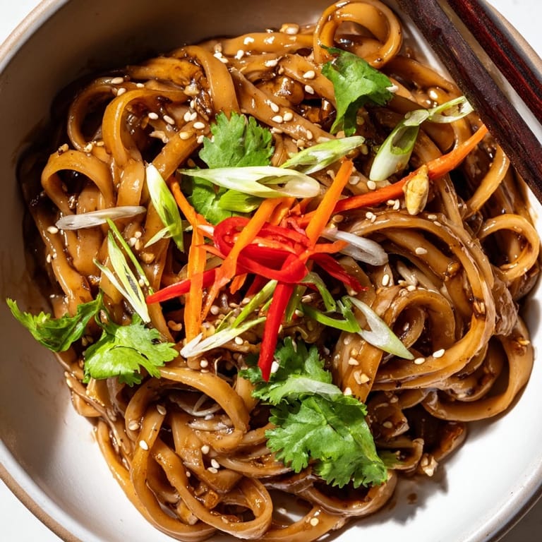 Steaming Asian Garlic Noodle Bowl tossed with soy-sesame sauce, carrots, and crunchy bean sprouts.