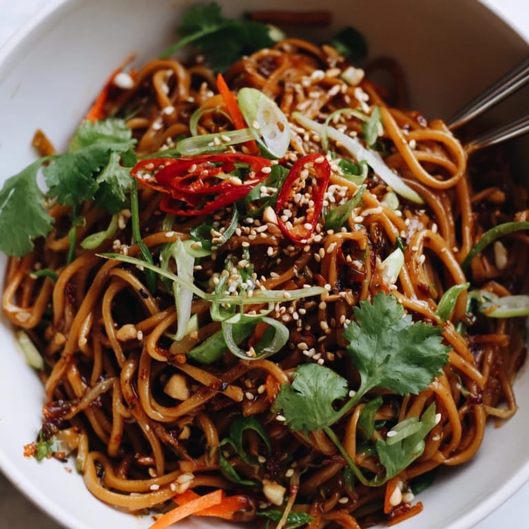 Quick 25-minute Asian Garlic Noodle Bowl in a bowl, garnished with fresh cilantro and chili slices.  