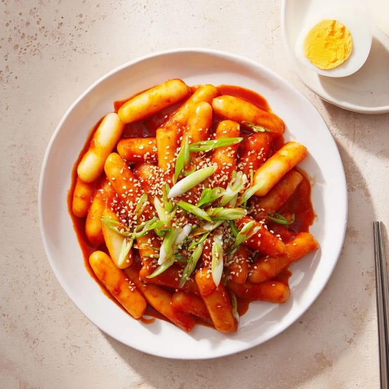Overhead view of Korean tteokbokki served with optional boiled eggs and chopped cabbage, ready to be paired with pickled radish for a balanced meal.