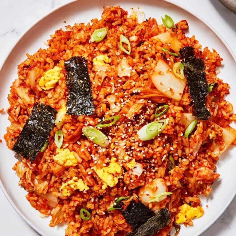 A close-up of spicy kimchi fried rice with fluffy grains, colorful veggies, and a sunny-side-up egg.