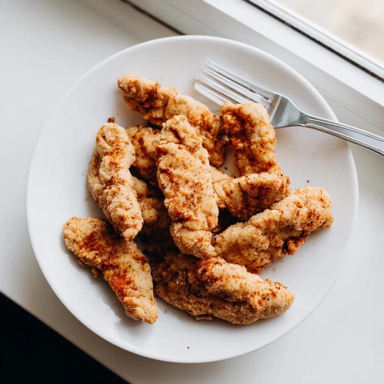 Homemade crispy fried chicken tenders, golden and crunchy, arranged on a rustic wooden serving platter.