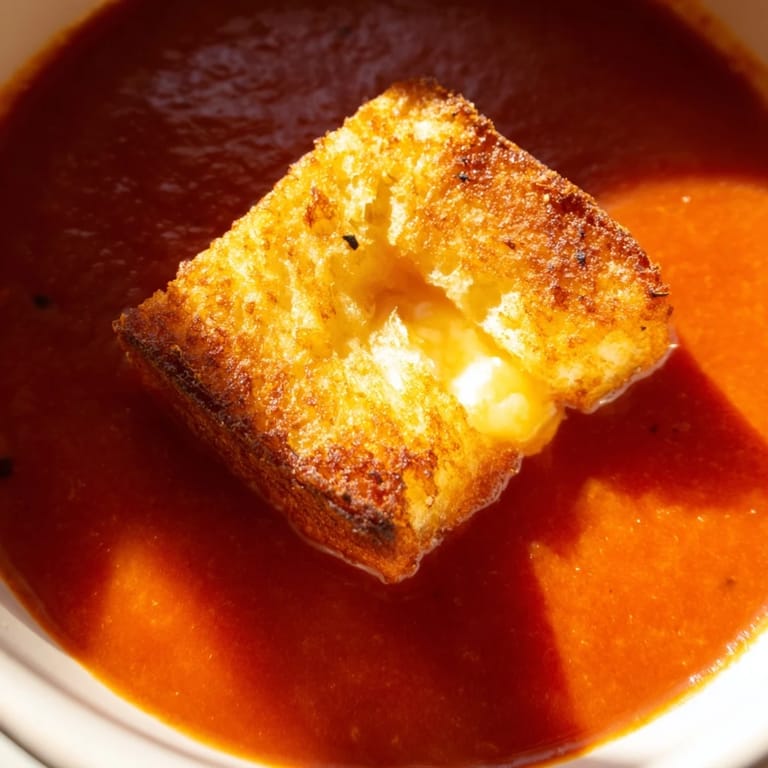 A bowl of velvety roasted tomato soup garnished with bite-sized grilled cheese croutons.