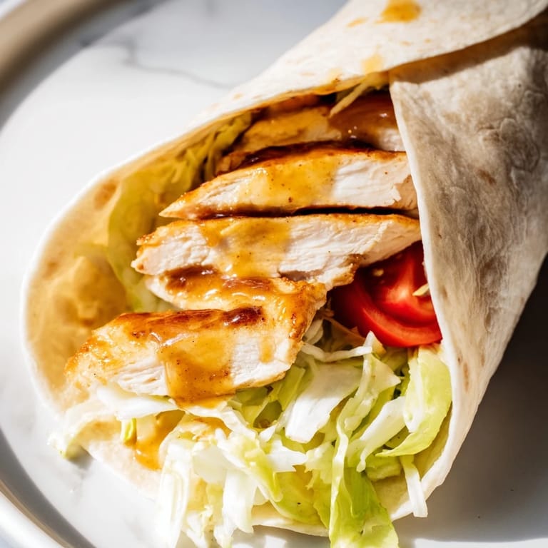A close-up view of a sliced honey mustard chicken wrap revealing layers of juicy chicken and tangy sauce.