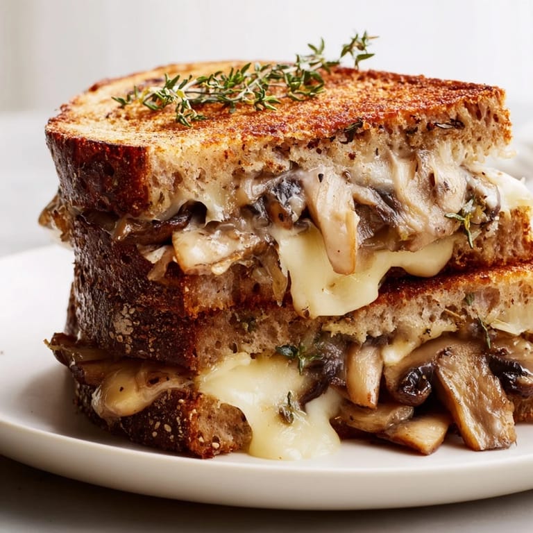 A hearty vegetarian Mushroom Swiss Grilled Cheese, perfect for a cozy lunch with a bowl of soup.