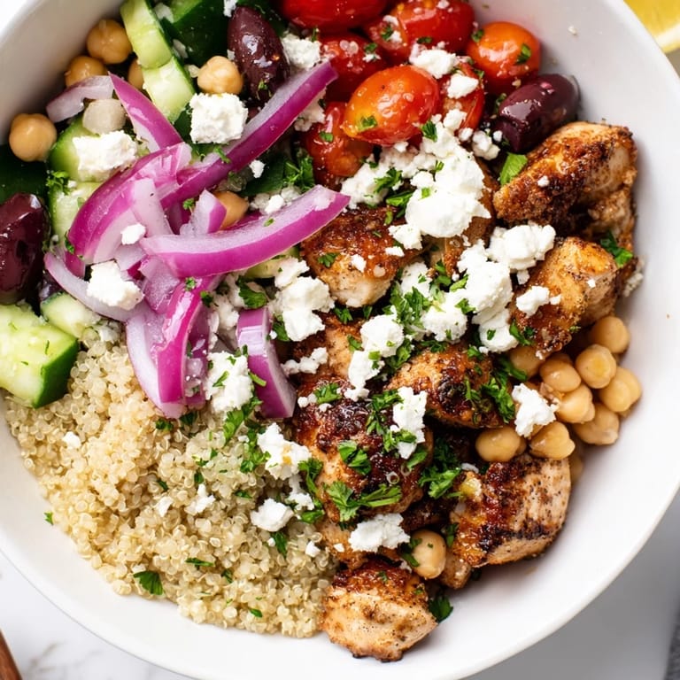 Ready-to-eat Mediterranean Chicken Bowl brimming with tender chicken, chickpeas, and fresh veggies, finished with a zesty lemon-oregano drizzle.