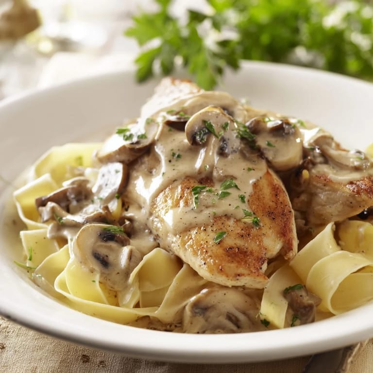 Golden-brown chicken breasts simmered in a rich Marsala and mushroom cream sauce, paired with al dente pasta for a hearty meal.