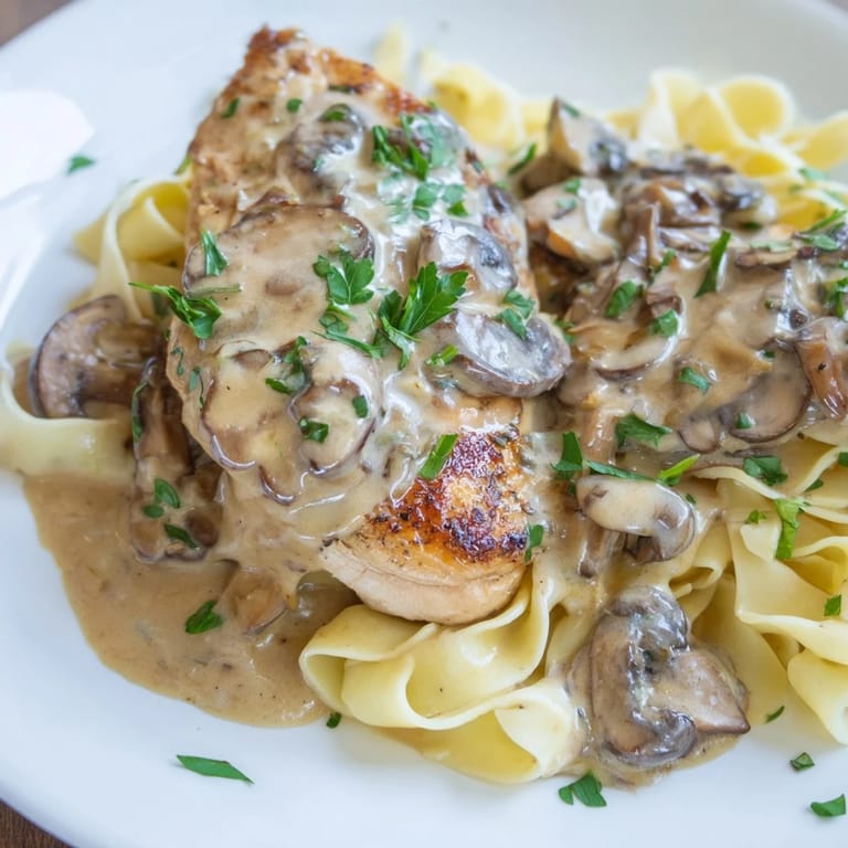 Creamy Chicken Marsala with savory mushrooms and wine sauce, garnished with fresh parsley and optional Parmesan, ready to serve over pasta.