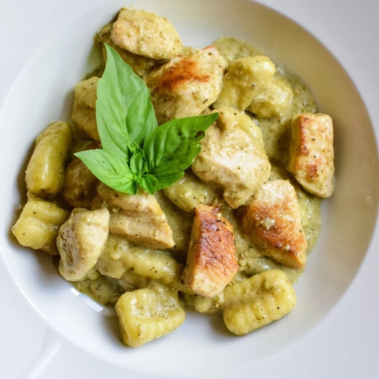 A close-up view of creamy pesto gnocchi with juicy chicken bites, garnished with fresh basil and grated Parmesan cheese.  