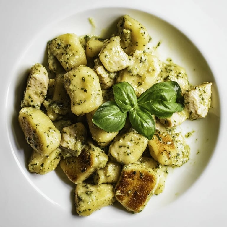 Steaming bowl of Italian-style gnocchi tossed with tender chicken in a rich, herbaceous pesto sauce for a comforting meal.