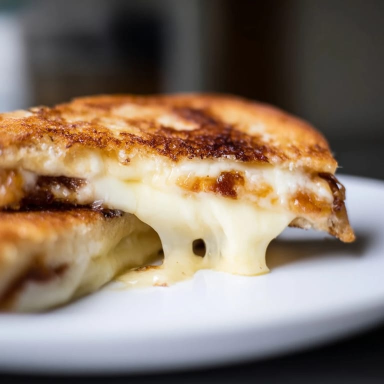 Freshly sliced Triple Cheese Sourdough Grilled Cheese reveals layers of sharp cheddar, provolone, and mozzarella inside buttery sourdough, ready to serve.