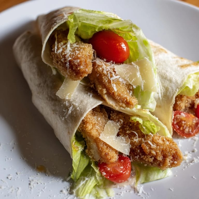 A hearty Hot Honey Chicken Caesar Wrap sliced in half reveals layers of crunchy croutons, juicy chicken, and fresh lettuce inside a soft shell.
