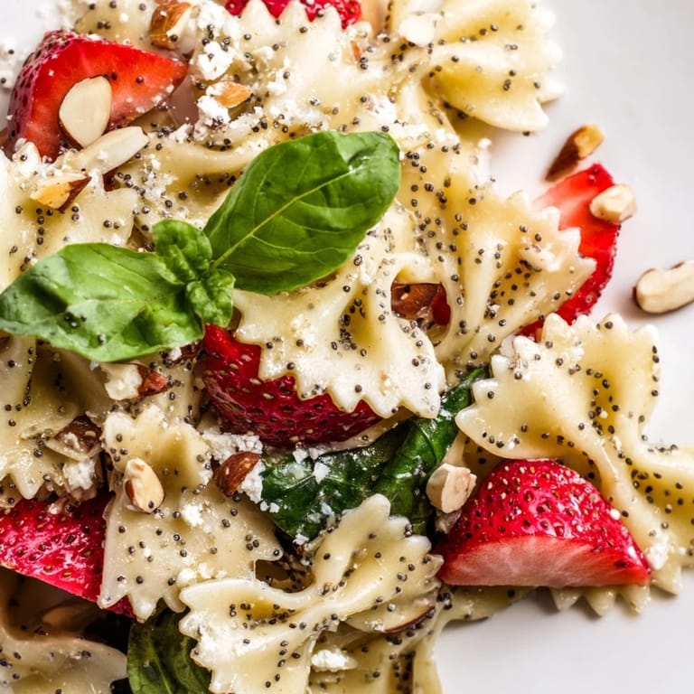 A refreshing Spring Spinach Strawberry Pasta Salad in a ceramic bowl, highlighting sliced strawberries, baby spinach, and a glistening poppy seed dressing.