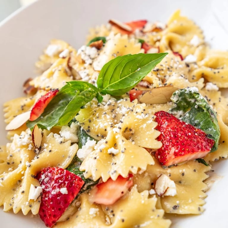Spring Spinach Strawberry Pasta Salad served in a white bowl, featuring bow-tie pasta, crumbled feta, and fresh basil for a refreshing summer meal.