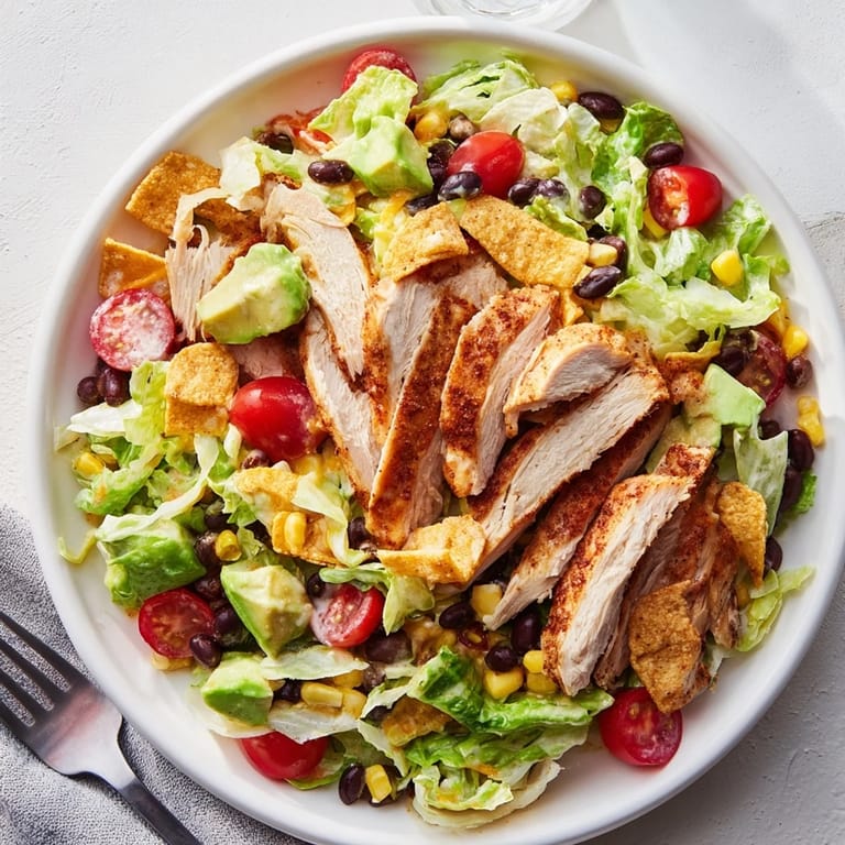 Fresh Crunchy Taco Chicken Salad featuring sliced taco chicken, cherry tomatoes, and green onions on a bed of crisp greens.