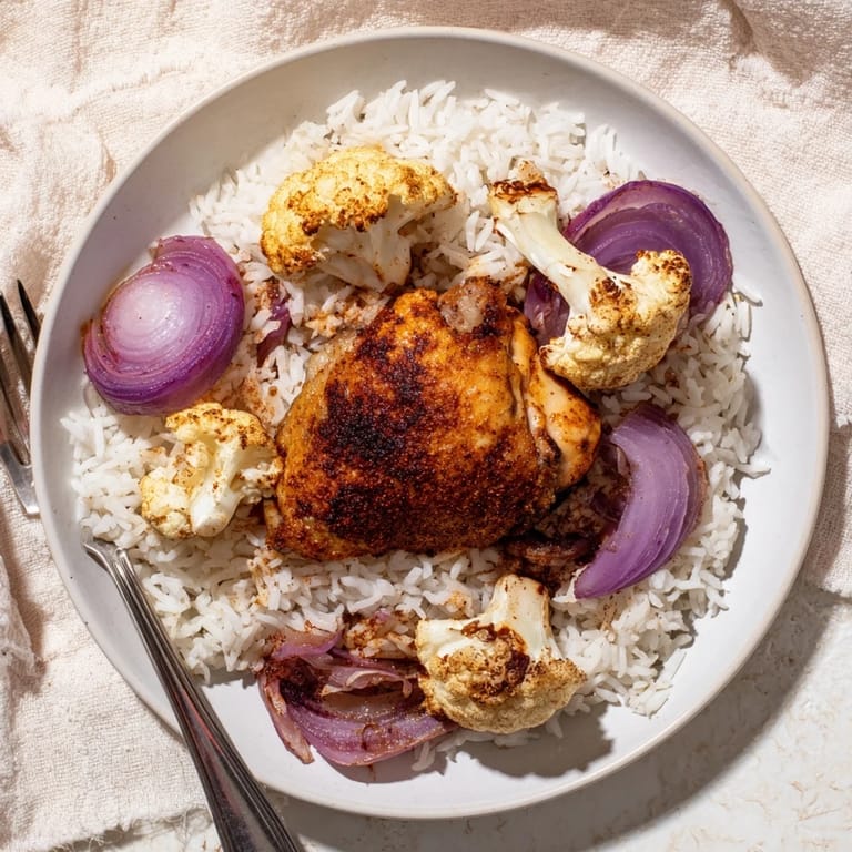 Succulent chicken and crisp cauliflower florets roasted together on a single sheet pan create an easy, gluten-free weeknight meal.