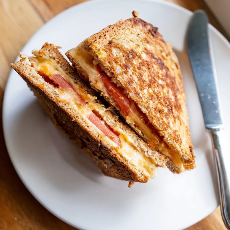 Grilled Pepper Jack & Tomato Grilled Cheese served with a bowl of hot tomato soup on a rustic table.