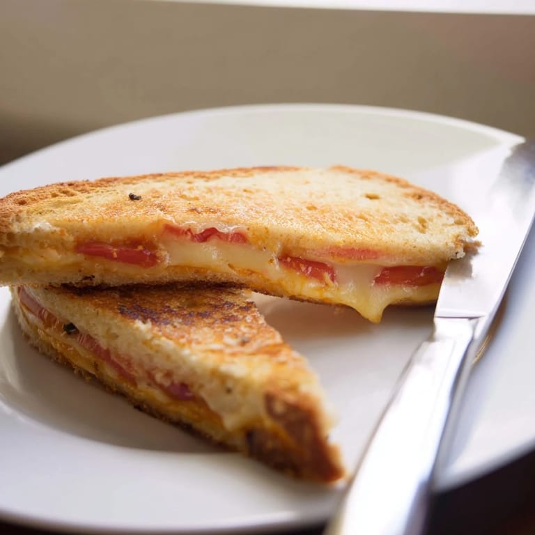 Close-up of a Pepper Jack & Tomato Grilled Cheese sliced in half, revealing gooey pepper jack and fresh tomato layers.